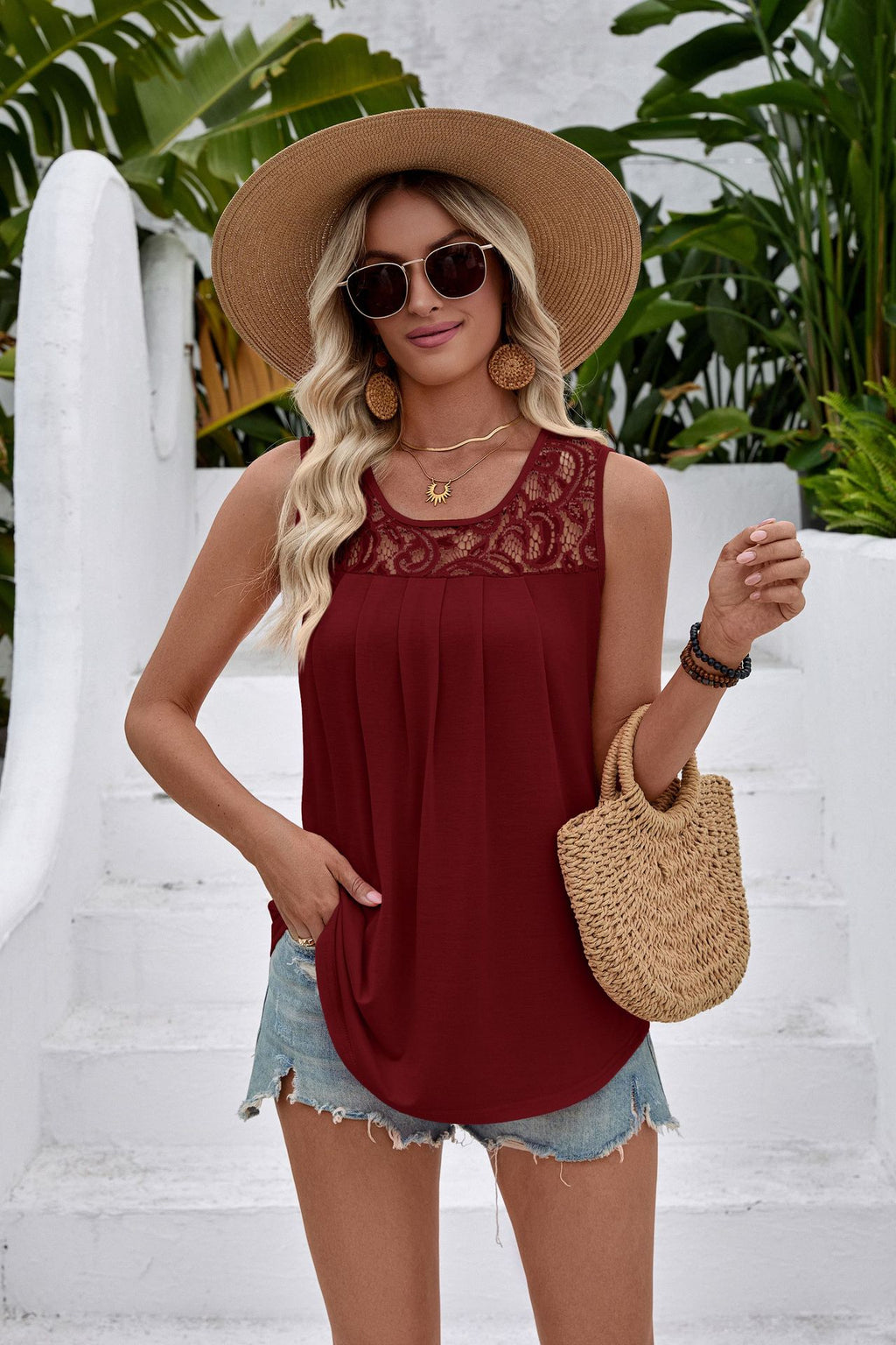 Sleeveless Lace Pleated Crew-Neck Casual Womens Top by Ricaloux