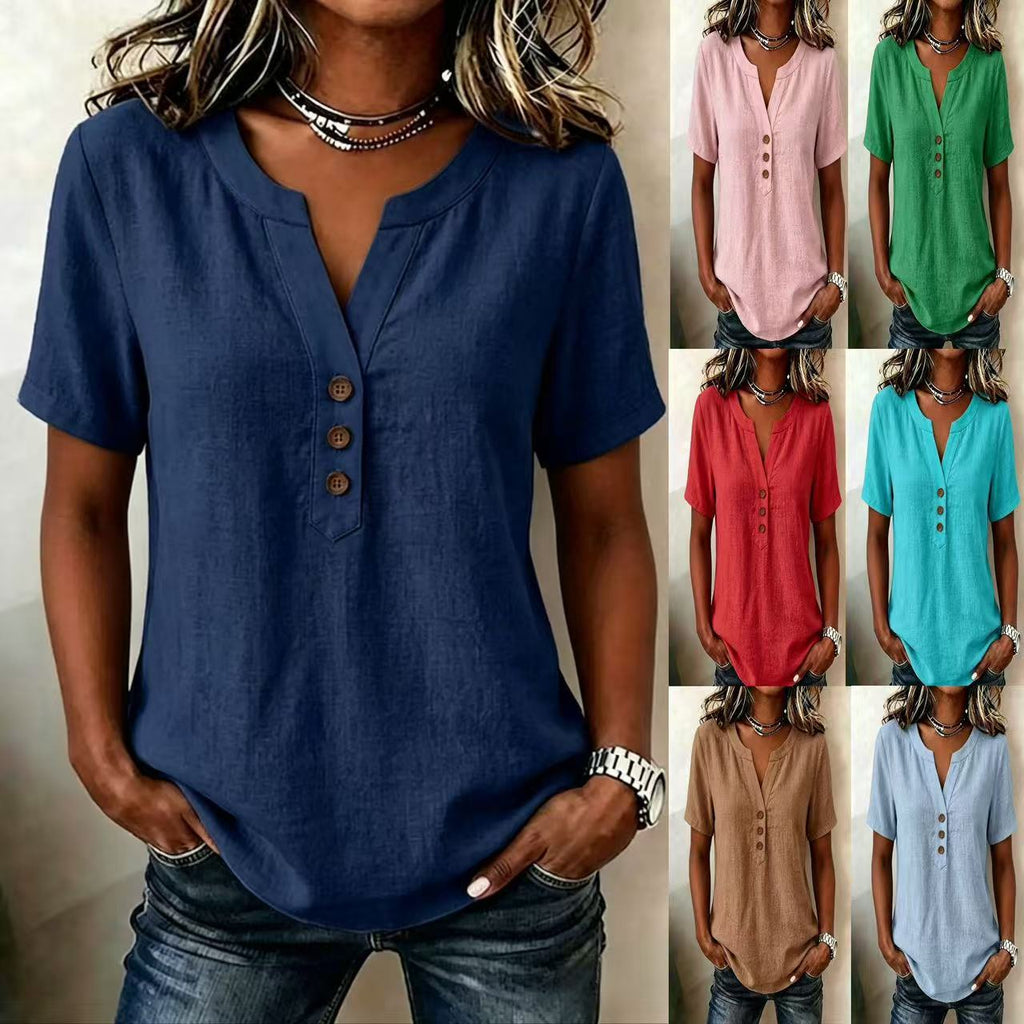 Casual Loose-fit Cotton-linen V-neck Button-up Top by Ricaloux