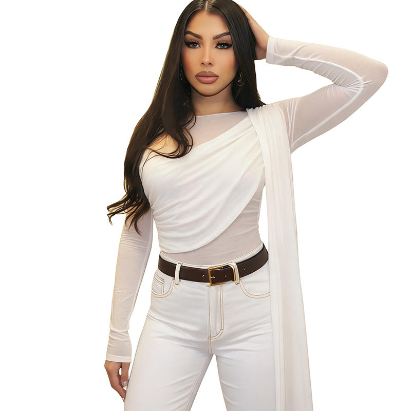 Off-Shoulder Mesh-Panel Sexy Long-Sleeve Top by Ricaloux