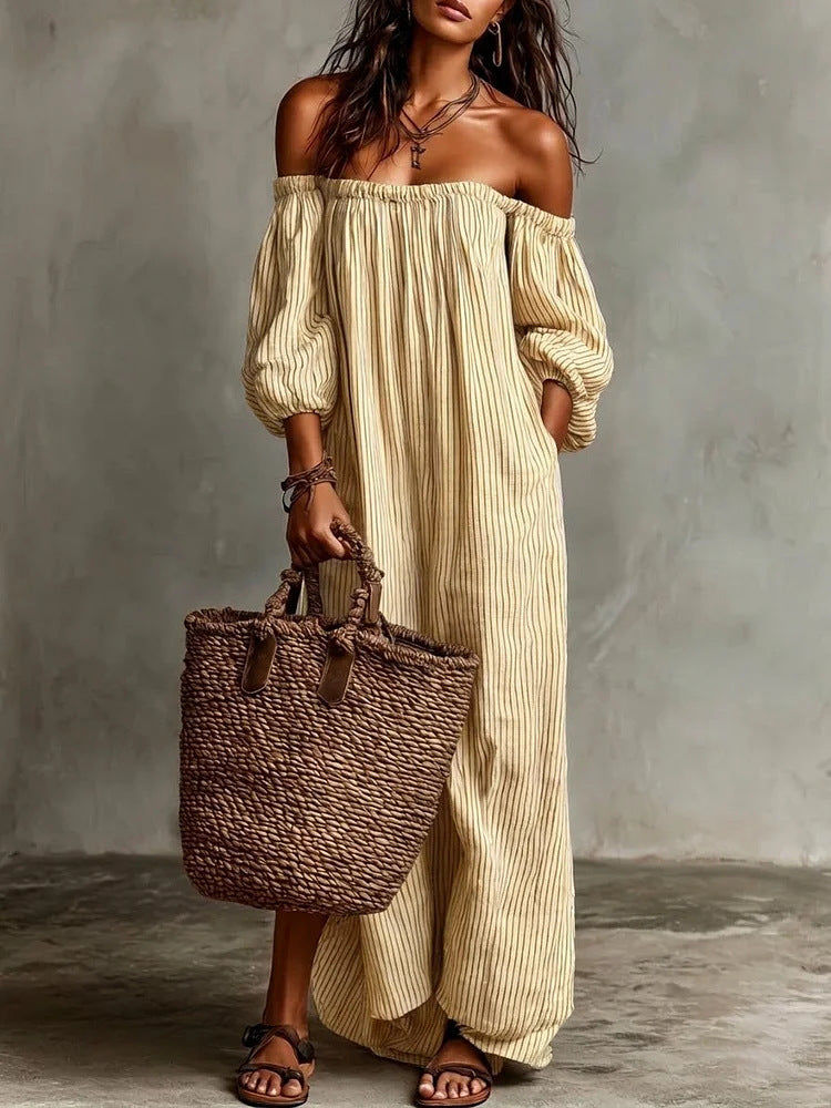 Striped Loose Casual Off Shoulder Sweet Dress With Pockets – Premium 4 | RICALOUX