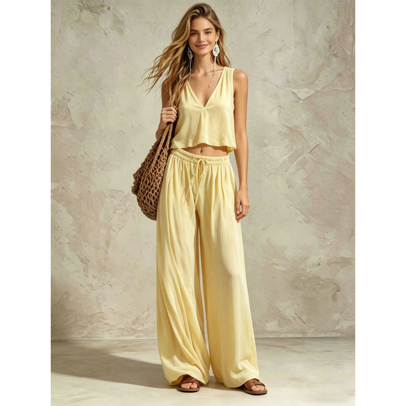 V-neck Solid-color Sleeveless Camisole And Wide-leg Pants Casual Set by Ricaloux