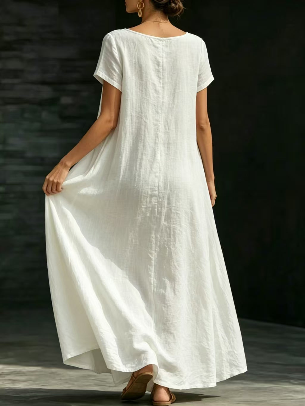 Summer Dress U-neck Short-sleeve Loose Casual Pure Color Full-skirted Long Dress by Ricaloux