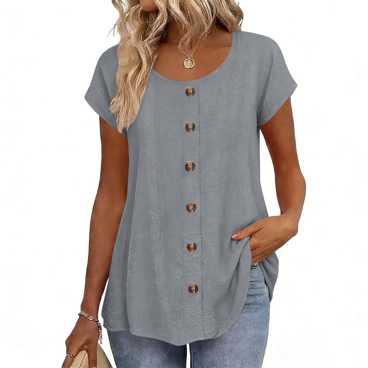 Womens Elegant And Fashionable Solid-color Round-neck Short-sleeve Top by Ricaloux