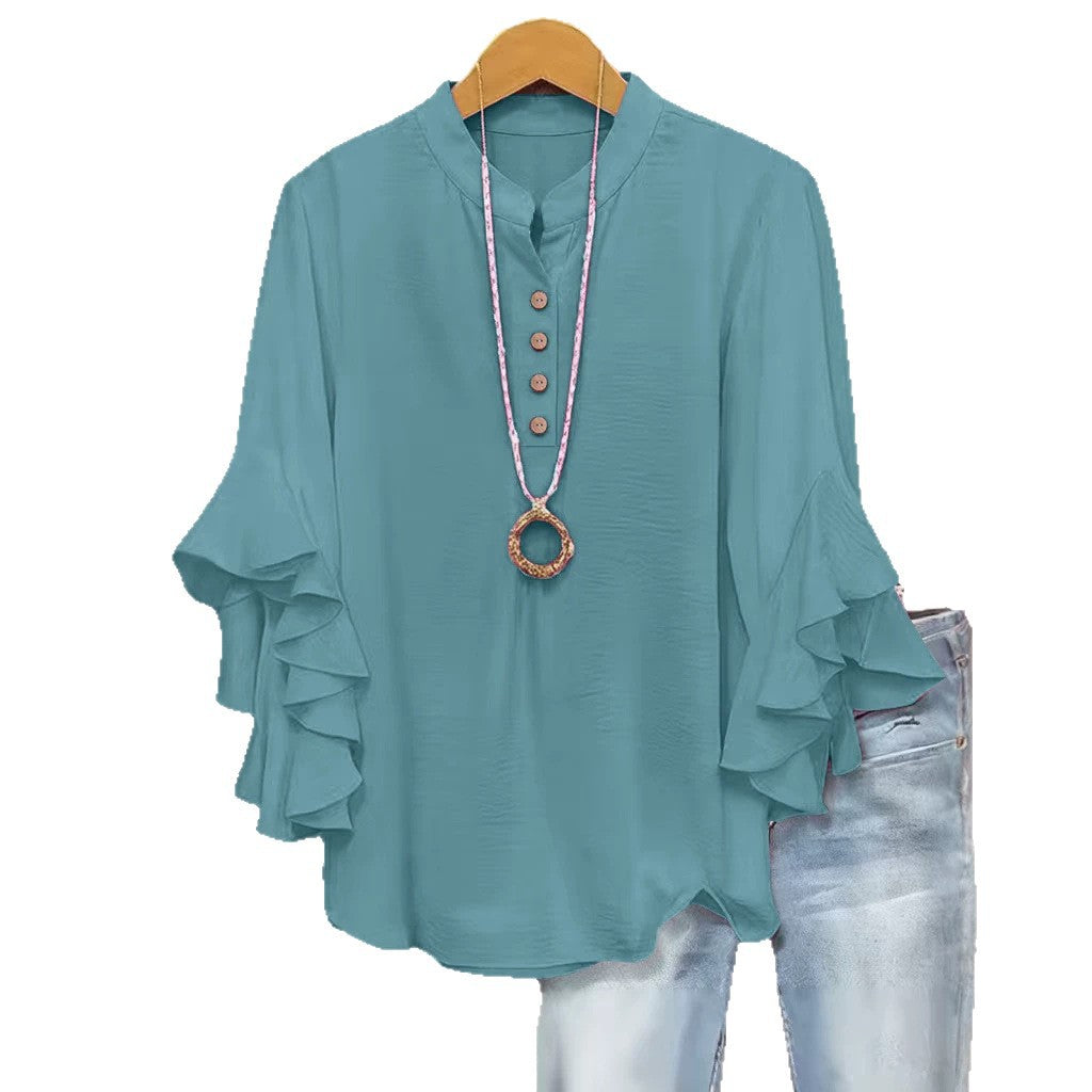 Fashionable Plus-Size Womens Shirt With Buttons And Ruffle Sleeves – Premium 0 | RICALOUX