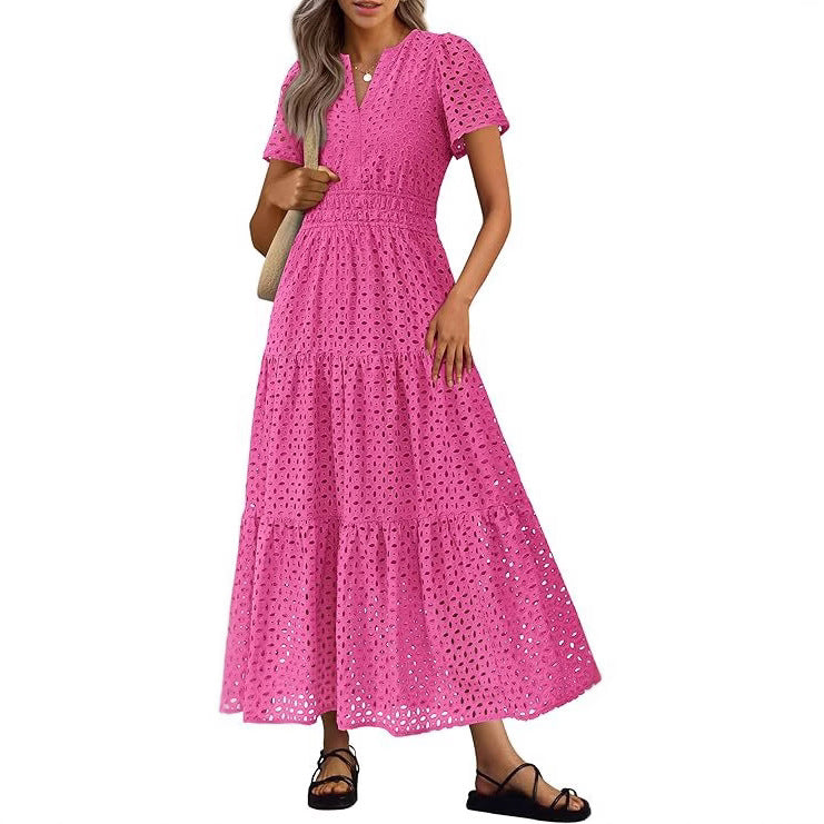 Womens Short-Sleeve V-Neck Hollow-Out Dress by Ricaloux