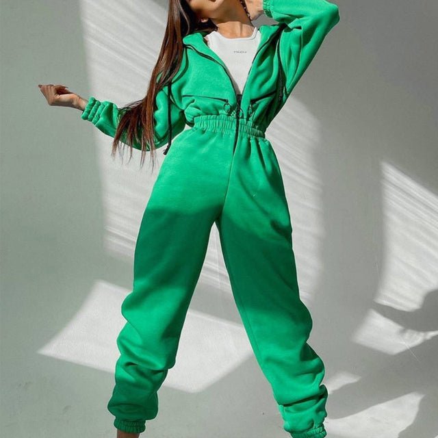 Casual Women Basic Hoodie Two Piece Sets Zipper Drawstring - RICALOUX