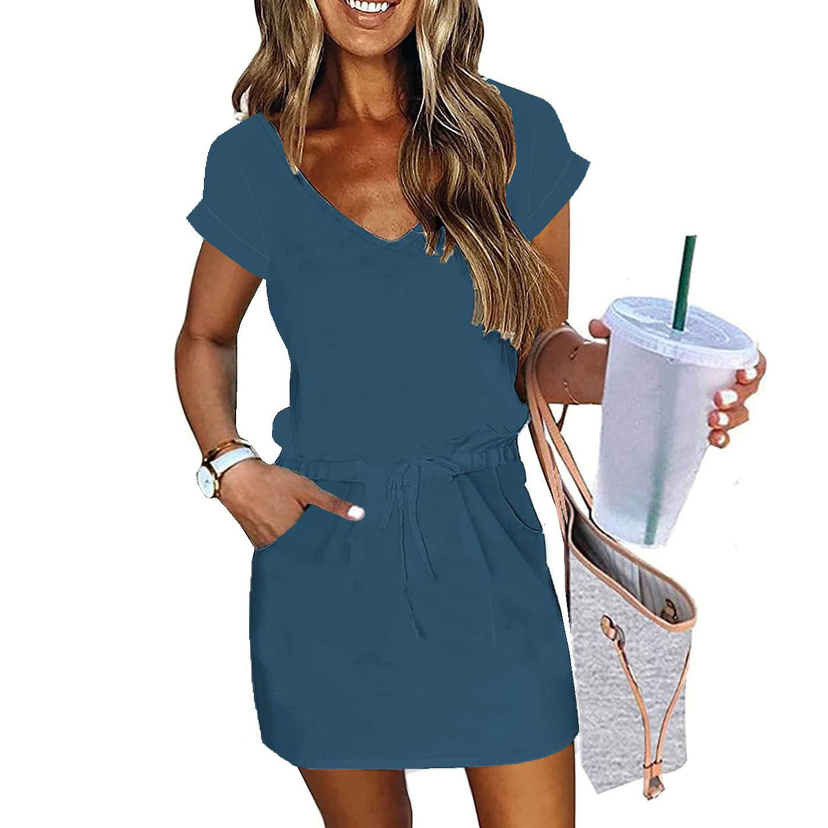 V-neck Short-sleeved Pullover Dress With Drawstring Elastic Waist And Pockets by Ricaloux