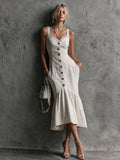 Womens Lace-Trimmed Buttoned Strap Fishtail Long Dress by Ricaloux