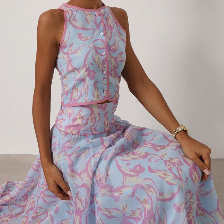 Abstract Print Sleeveless Crop Vest & Flared Midi Skirt 2-Piece Set – Premium 4 | RICALOUX