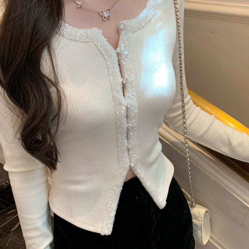 Beige And Apricot Diamond-embellished Knit Sweater Womens Versatile Casual Fall Commuter Top – Premium 0 | RICALOUX