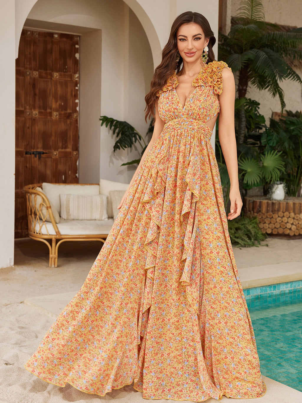Womens Floral Printed Asymmetrical Slit Chiffon Lace Elegant Dress – Premium 0 | RICALOUX
