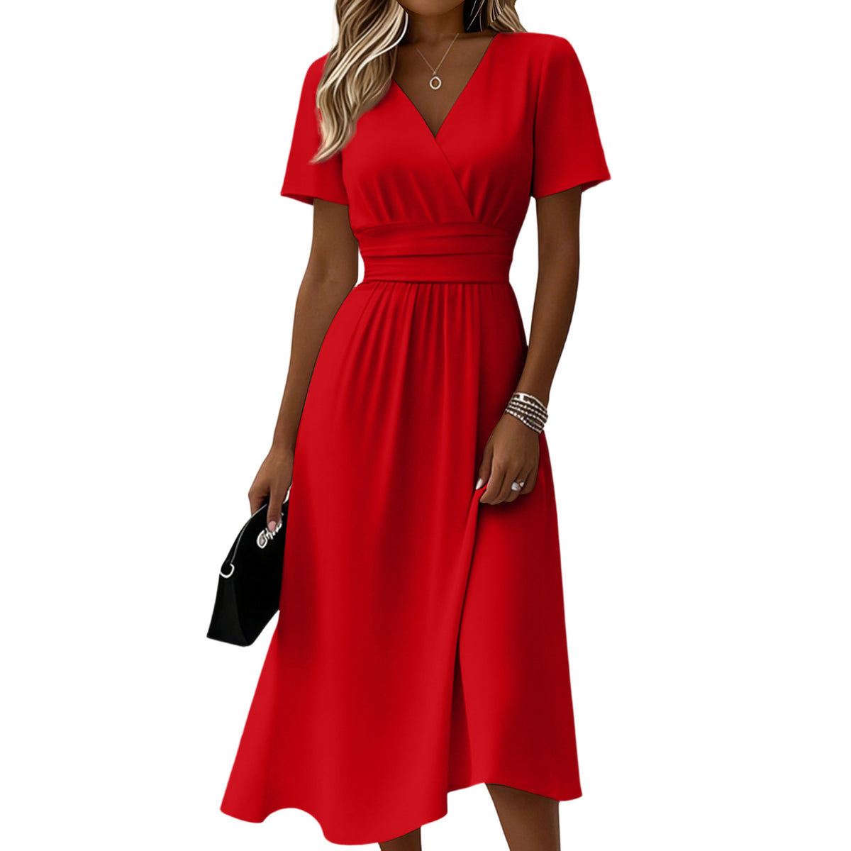 Womens Solid-Color Casual Short-Sleeve V-Neck Dress by Ricaloux