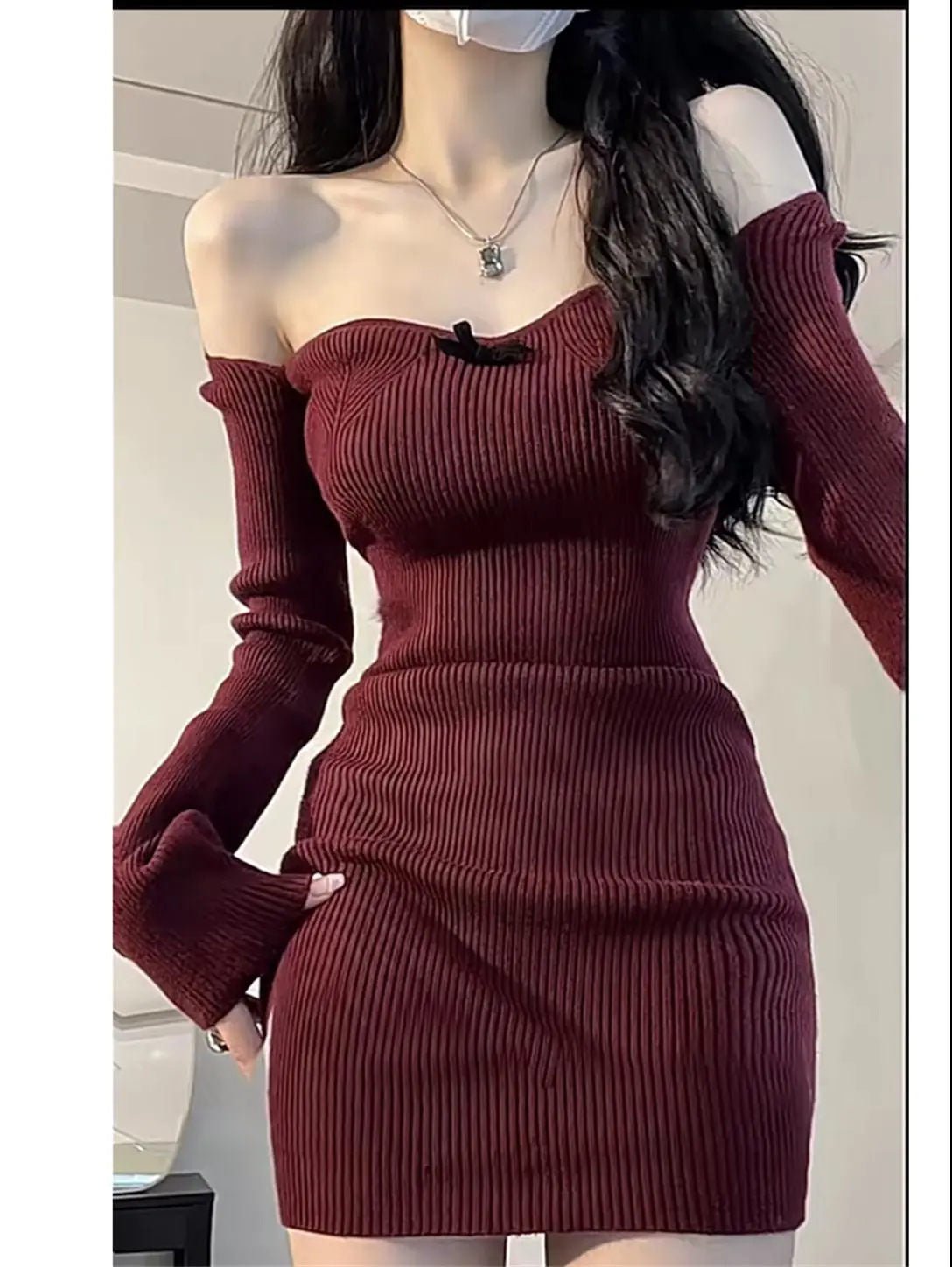 Square Neck Knitted Dress Women's Inner Sleeve Slim - RICALOUX
