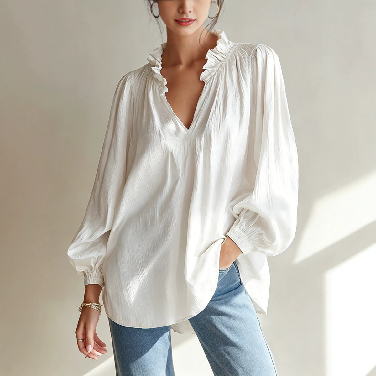 V-neck Loose-fitting Top With Puffed Balloon Sleeves by Ricaloux