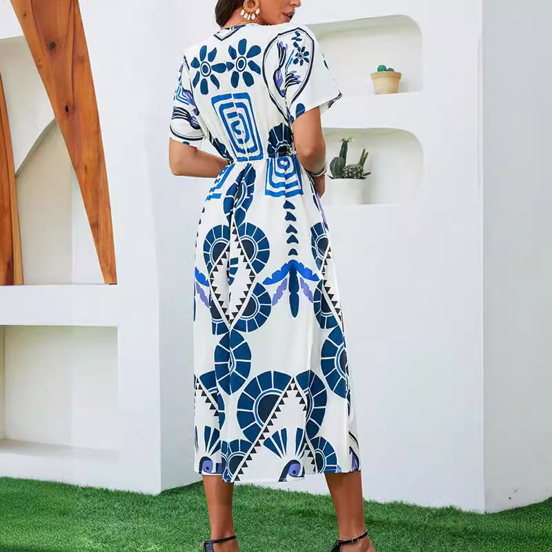 Womens Short-Sleeve Geometric-Print High-Waist Long Dress – Premium 0 | RICALOUX