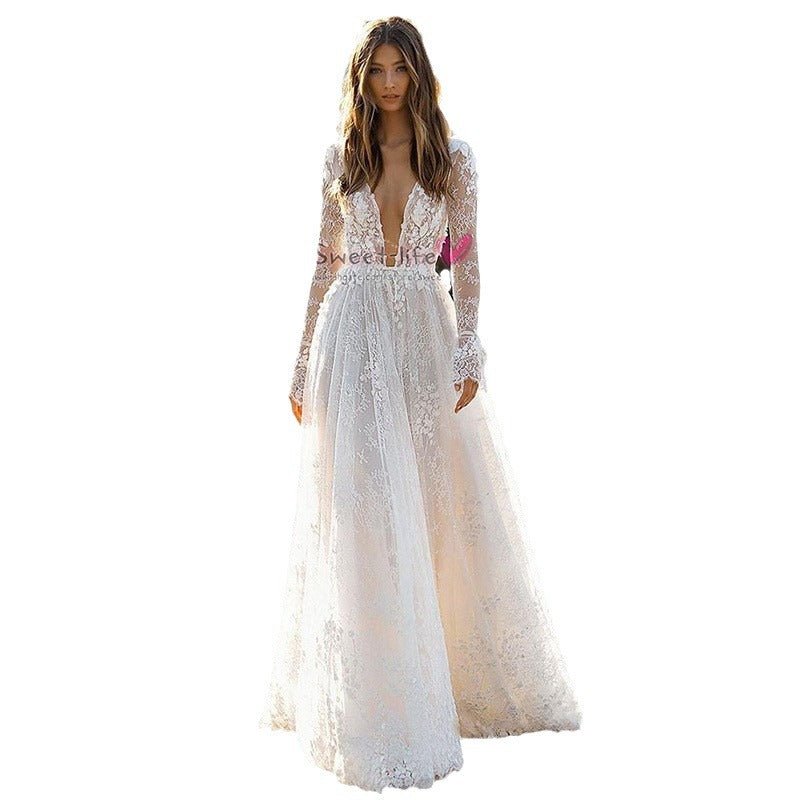 Women's Wedding Dress Lace Long Sleeve Dinner Party Gown - RICALOUX