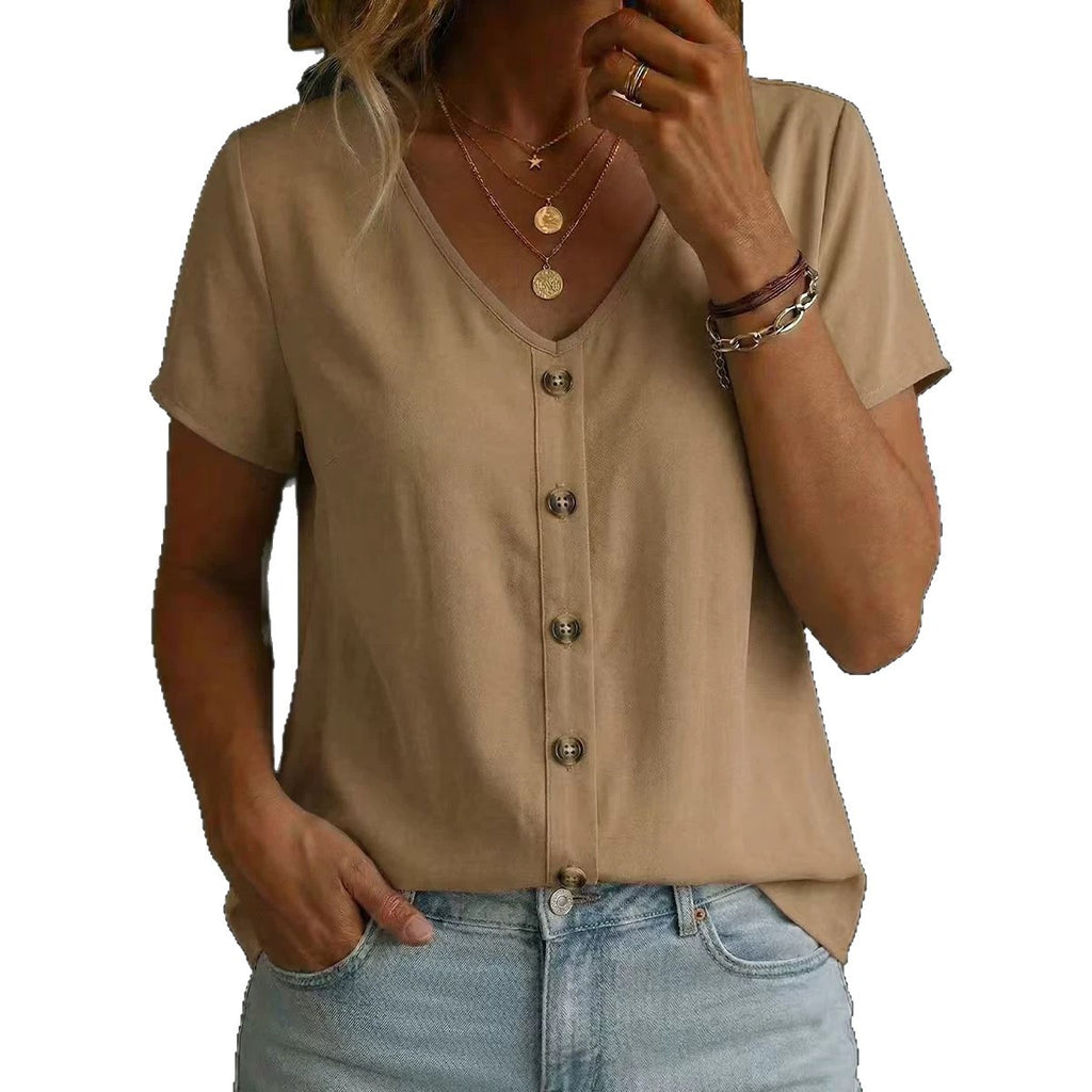 Solid-color Short-sleeve Crew-neck T-shirt Top by Ricaloux