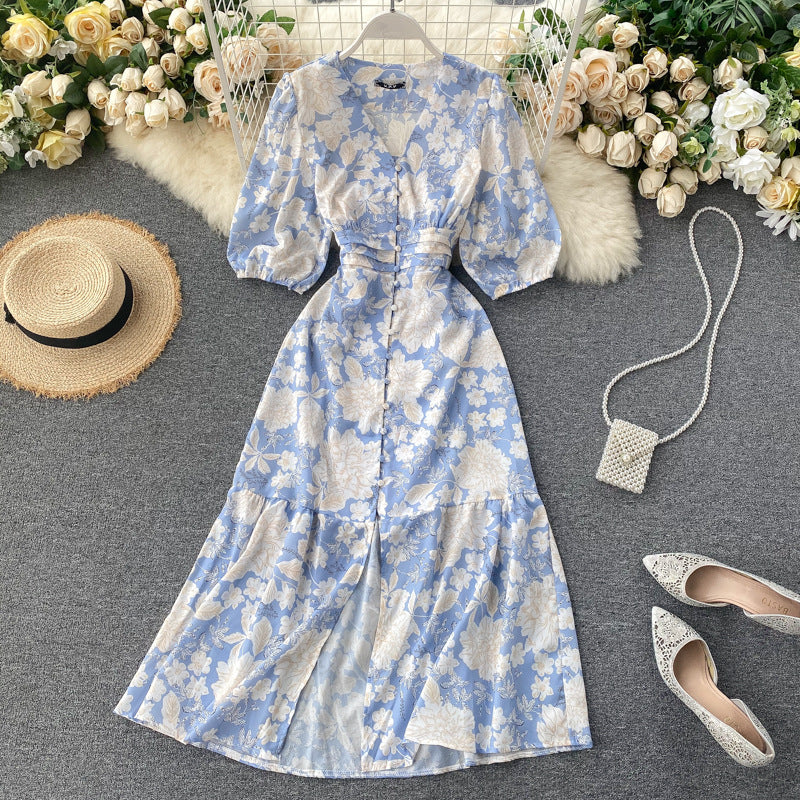 V-neck Buttoned Waist-cinching Figure-flattering Below-the-knee Slit Dress – Premium 0 | RICALOUX