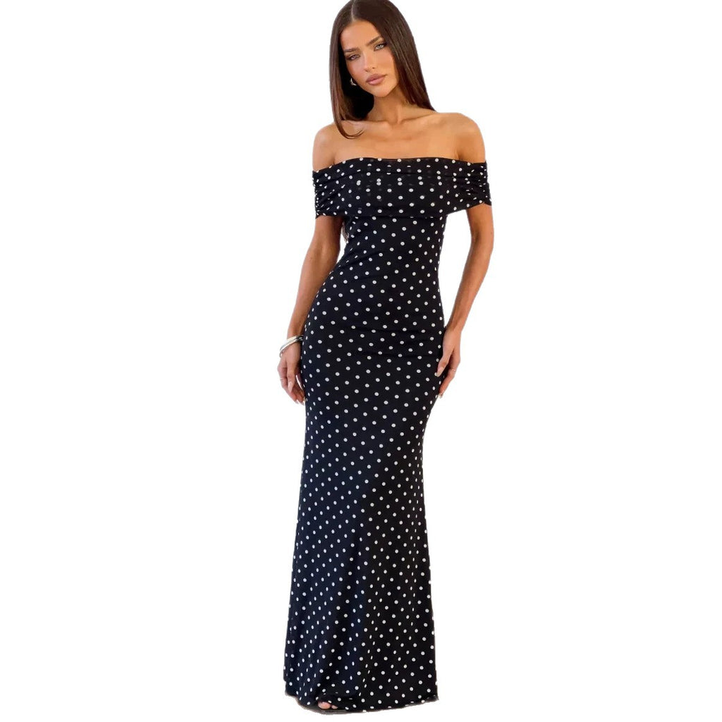 Fashionable Polka-dot Mesh Off-shoulder Backless Dress by Ricaloux