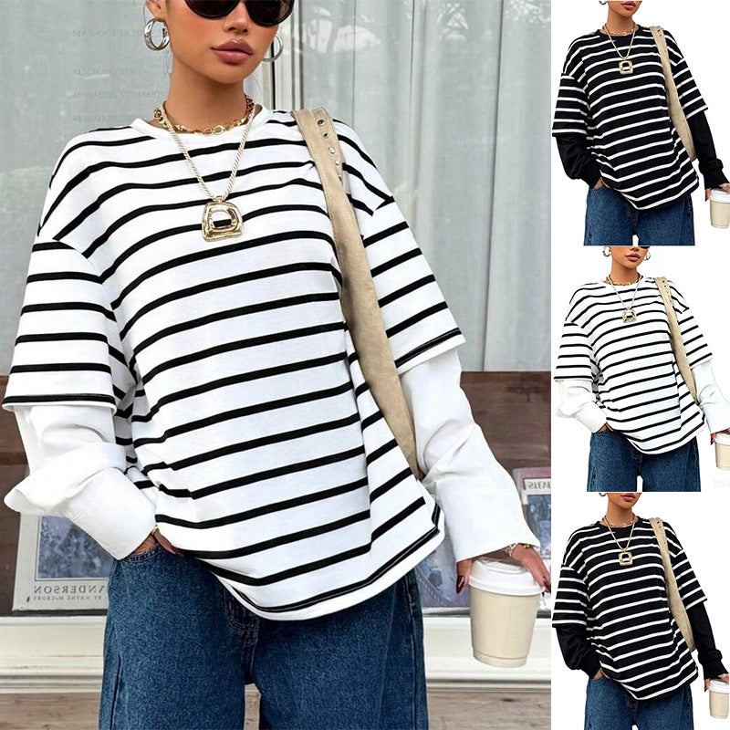 Womens Round-neck Striped Loose-fit Mock Two-piece Hoodie – Premium 0 | RICALOUX