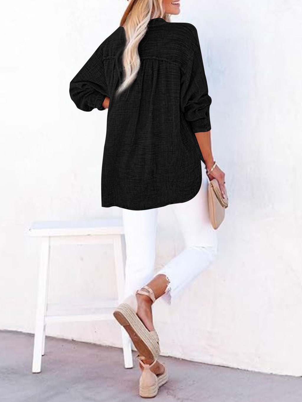 Women's Casual V-Neck Long Sleeve Blouse - Loose Fit Textured Cotton Henley Shirt For Summer – Premium 4 | RICALOUX