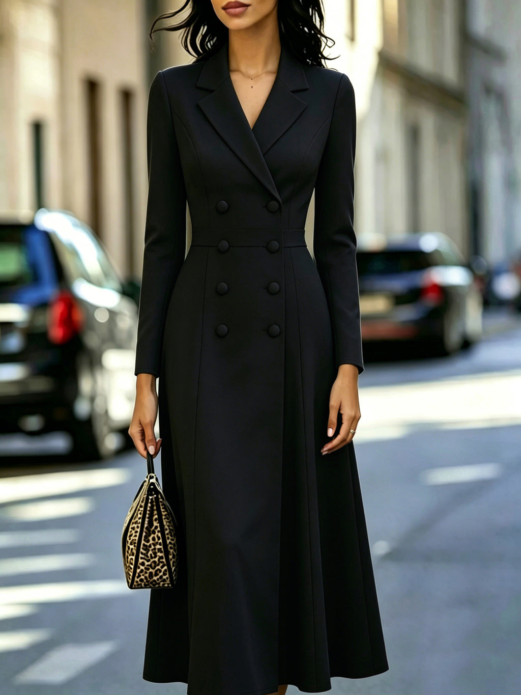 Elegant Double-breasted Tailored Long Dress With A Cinched Waist And A Flared Skirt by Ricaloux