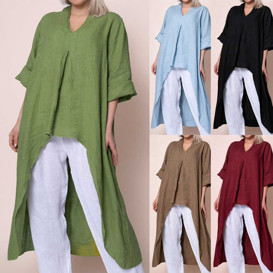 Womens Solid-Color V-Neck Asymmetric Long-Sleeve Shirt by Ricaloux