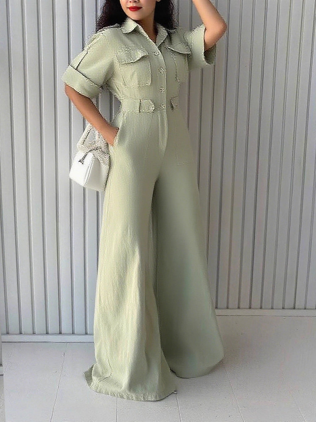 Waist-cinching Figure-flattering Wide-leg Overalls With A Lapel Collar by Ricaloux