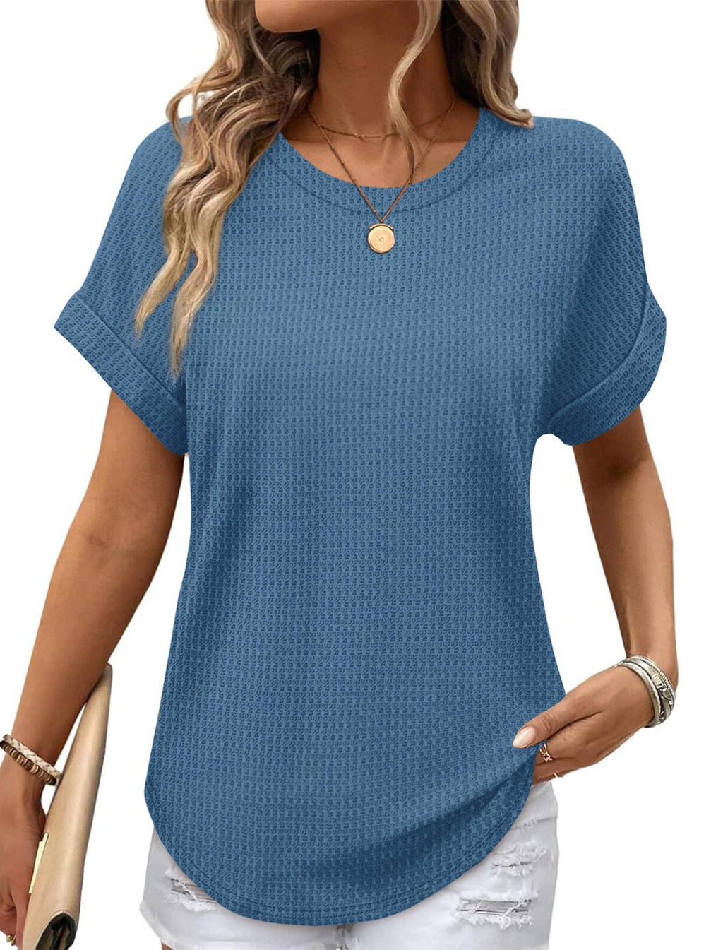 Ruffled-edged Short-sleeve Waffle-knit Crew-neck Top With A Curved Hem by Ricaloux