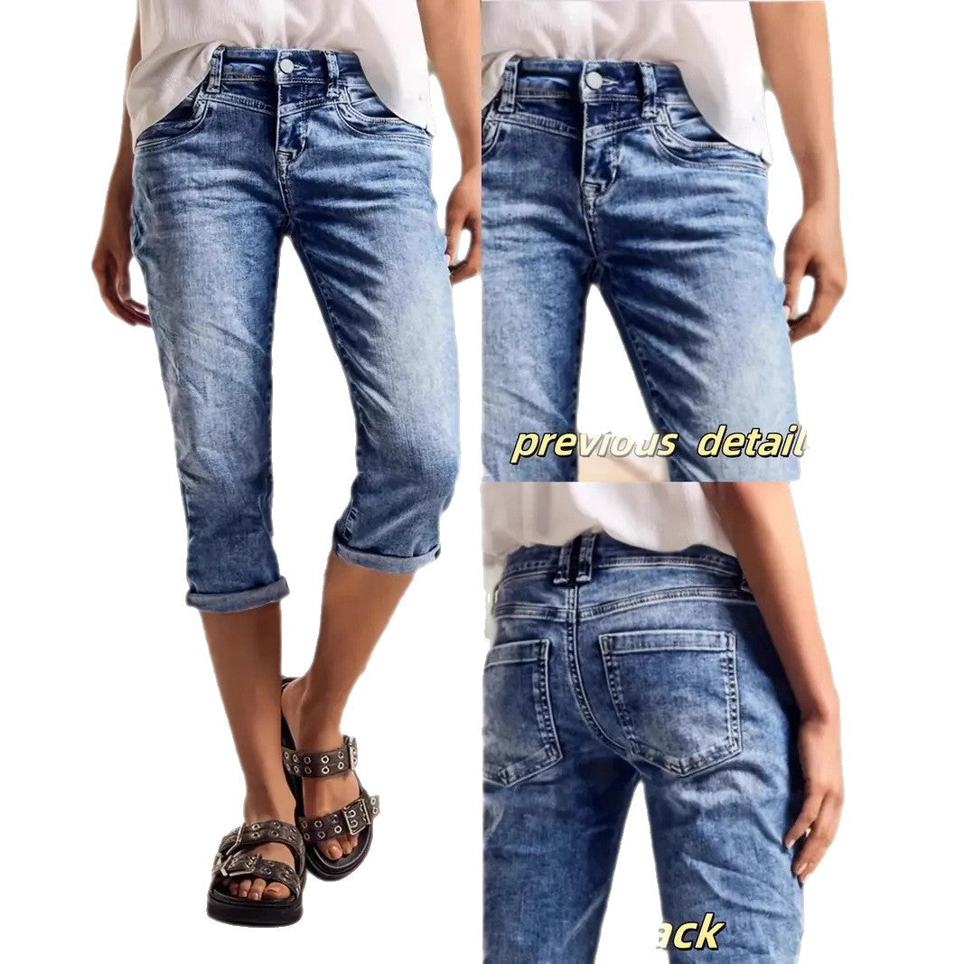 Crafted Wash Cuffed Hem Versatile Denim Mid-length Shorts by Ricaloux