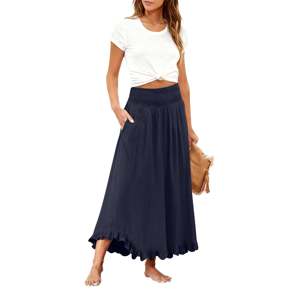 High-waisted Elastic-waist Long Skirt With Ruffled Hem by Ricaloux