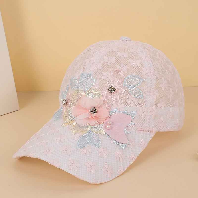 Summer Women's Powder-white Netting Lace Pearl Flower-decorated Adjustable Back-buttoned Fresh And Sweet Style Baseball Cap by Ricaloux