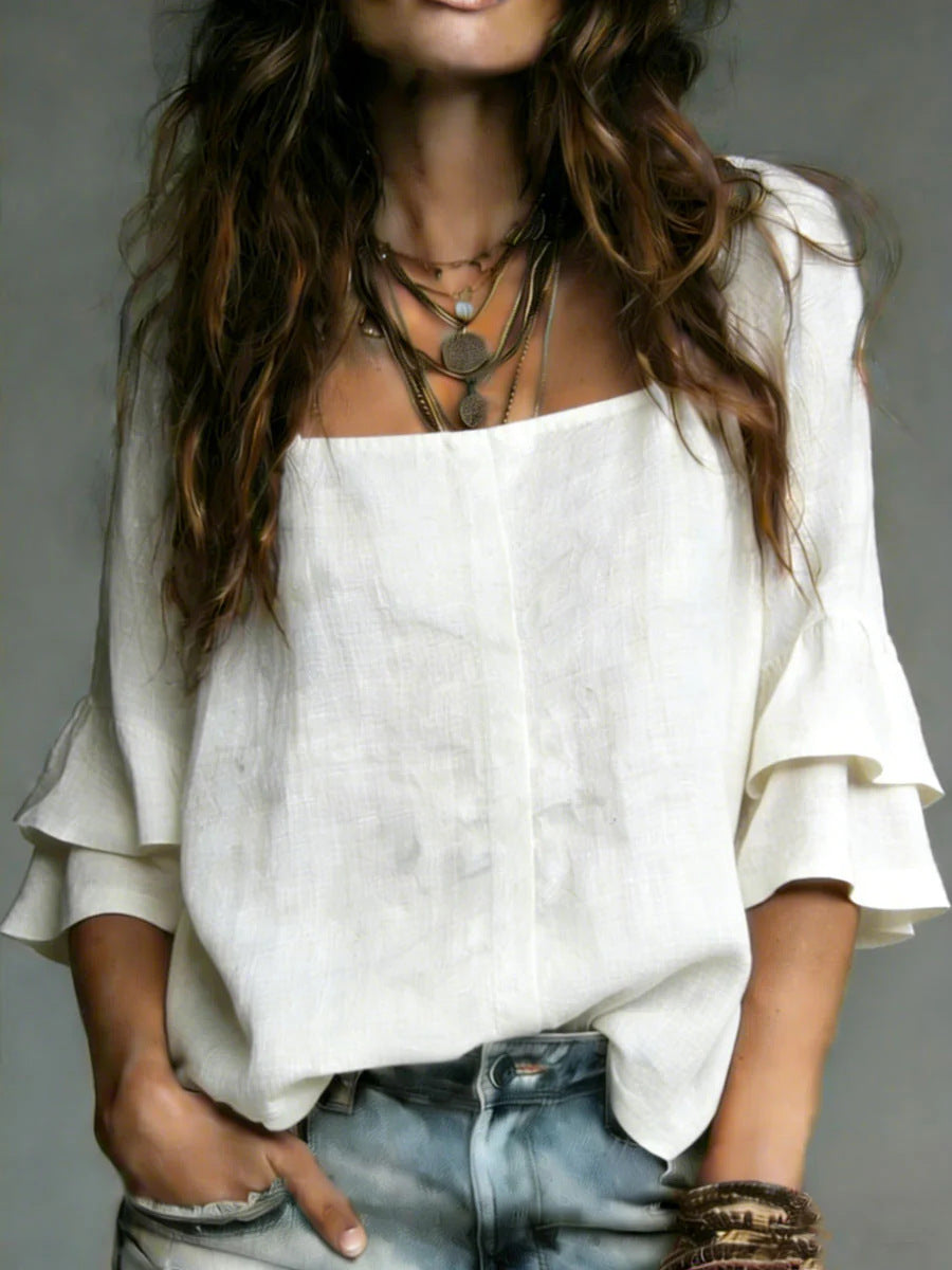 Square-neck Flared Three-quarter-sleeve Casual Shirt by Ricaloux