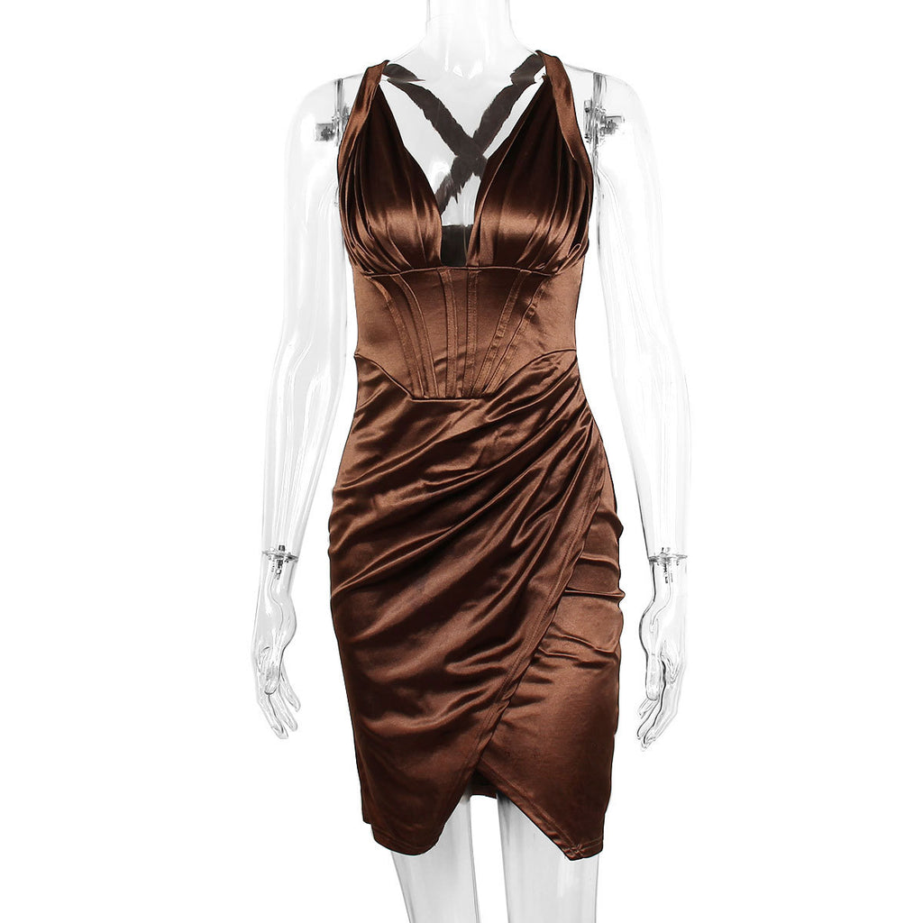 Womens Halter-Neck Sexy Elegant Pleated Dress – Premium 0 | RICALOUX