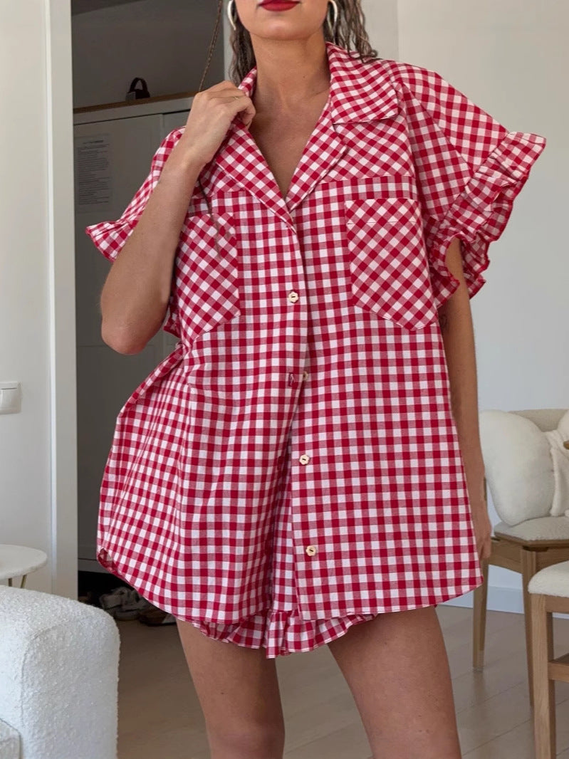 Ruffled Plaid Shirt And High-waisted Shorts Set – Premium 4 | RICALOUX