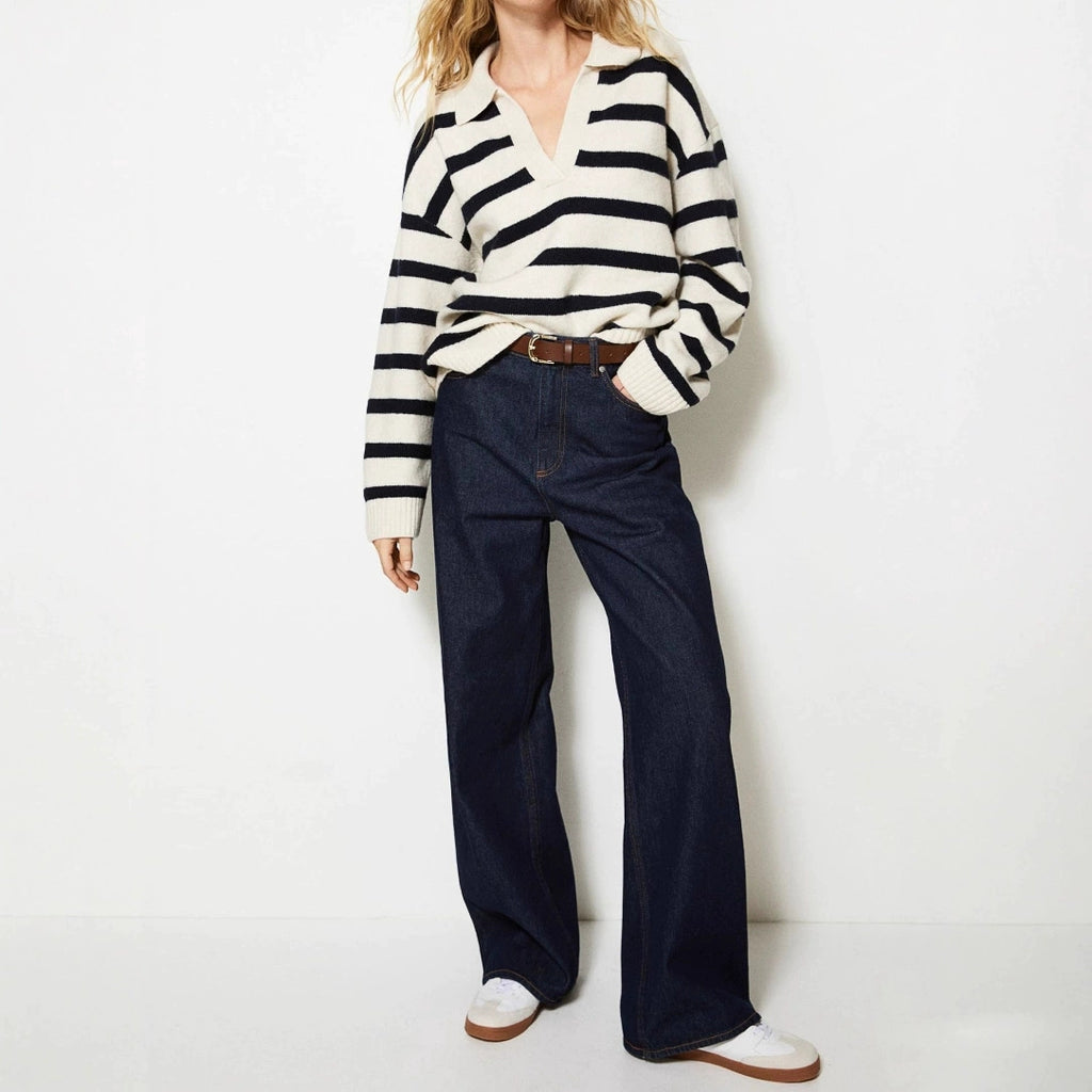 Fashion Patchwork Striped Lapel Loose Plus Size Knit Sweater For Women – Premium 4 | RICALOUX