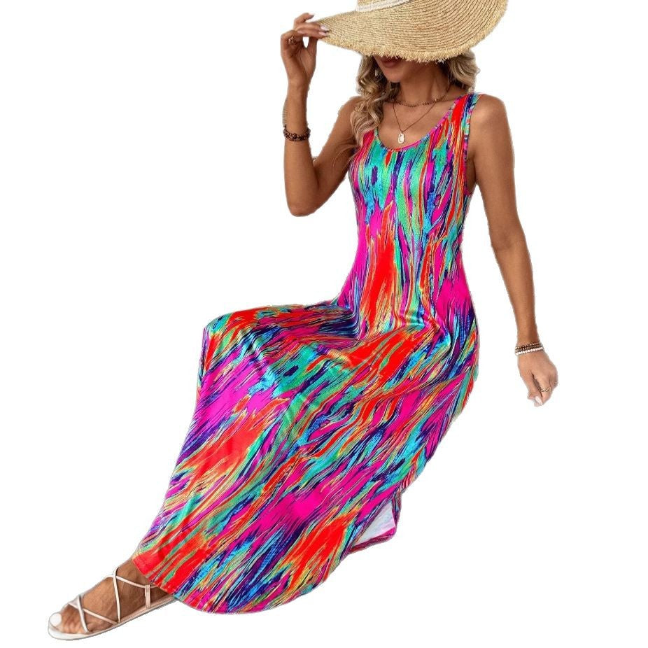 Womens Fashionable Printed Sleeveless Slit Slimming Tank Dress by Ricaloux