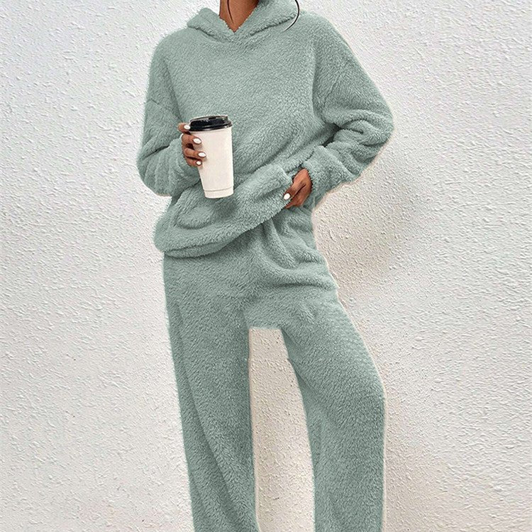 Fleece-lined Hooded Long Sleeve Dimensional Patch Pocket Casual Trousers Solid Color Suit - RICALOUX