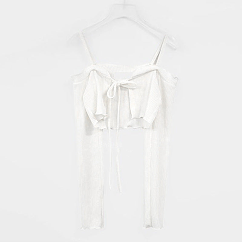 Off-Shoulder Slim-Fit Lace-Up Long-Sleeve Cardigan T-Shirt by Ricaloux