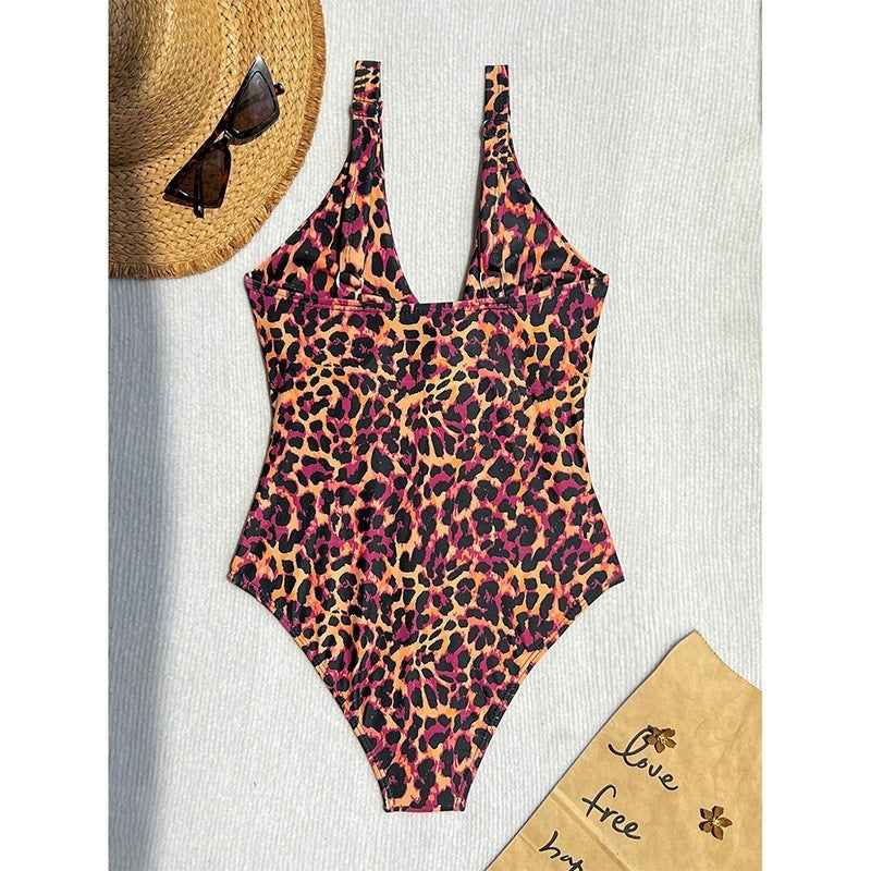 European And American Leopard-print Midriff-baring One-piece Swimsuit by Ricaloux