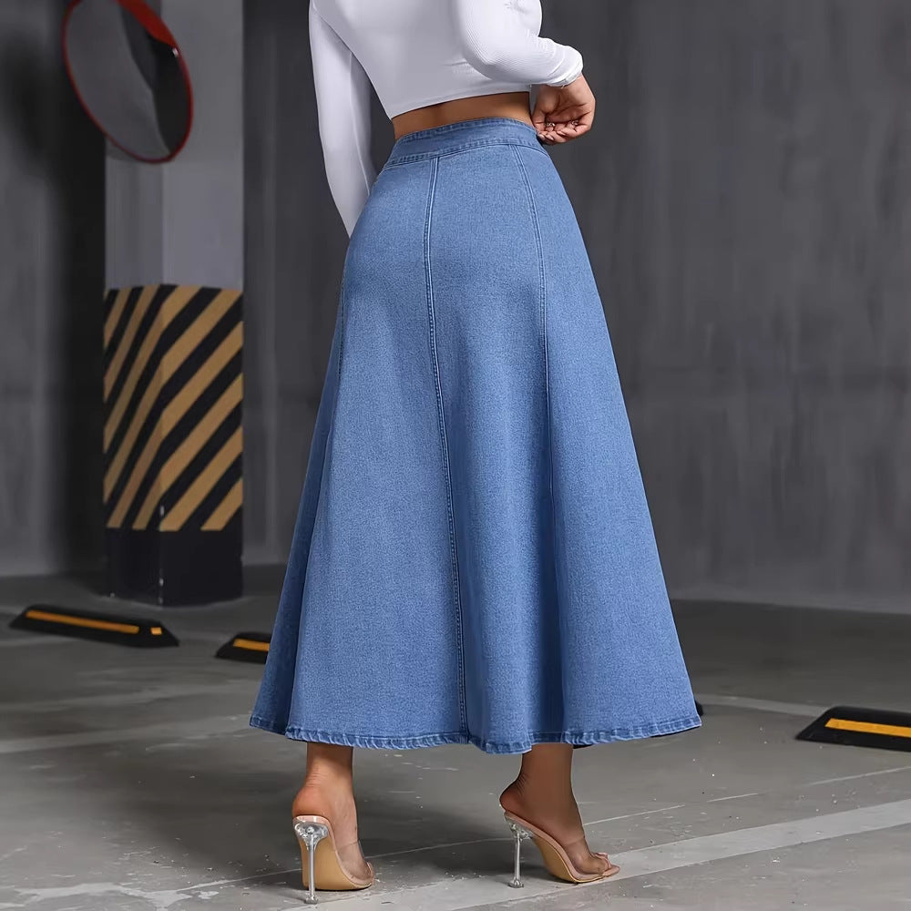 Womens Solid-Color Buttoned Hem Denim Skirt by Ricaloux