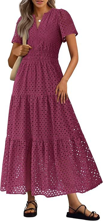 Womens Short-Sleeve V-Neck Hollow-Out Dress by Ricaloux