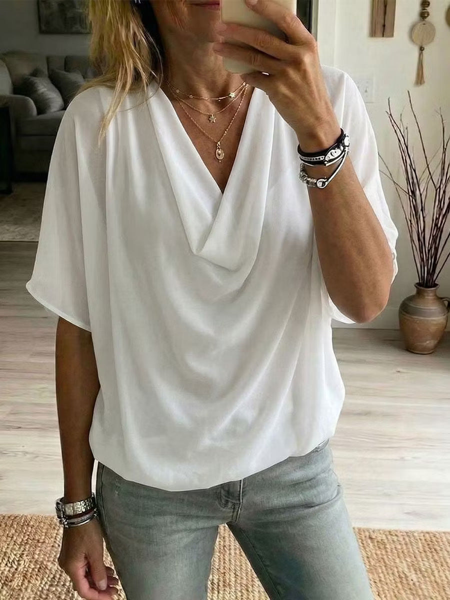 Womens Summer Loose-fit Batwing-sleeve Solid-color Draped Short-sleeve Elegant Top by Ricaloux