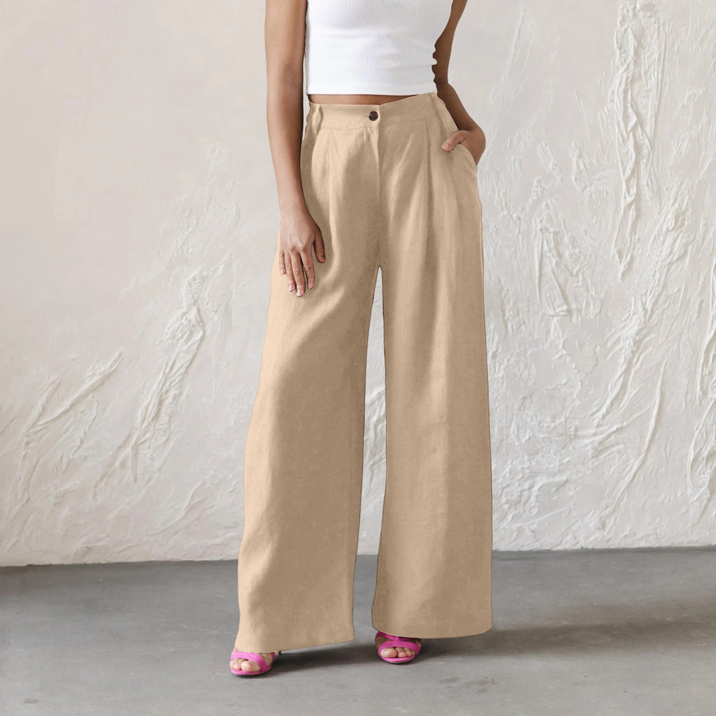 Womens Solid-Color High-Waisted Wide-Leg Pants Casual And Relaxed Fit Long Trousers by Ricaloux