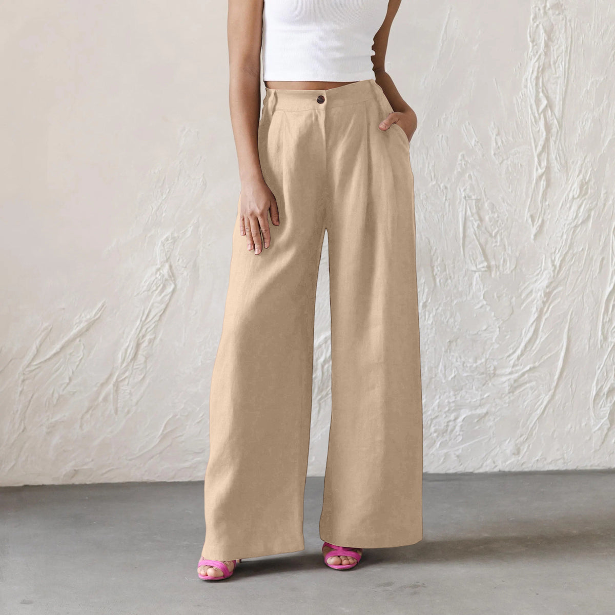 Womens Solid-Color High-Waisted Wide-Leg Pants Casual And Relaxed Fit Long Trousers by Ricaloux