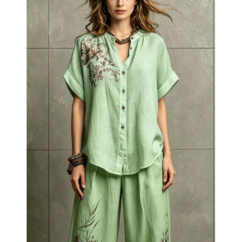 Short-sleeve Top And Wide-leg Pants Casual Two-piece Set by Ricaloux