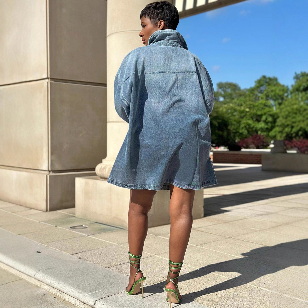 Womens Relaxed-Style Fashionable Denim Skirt With Notch Lapel Ombre Long Sleeves by Ricaloux