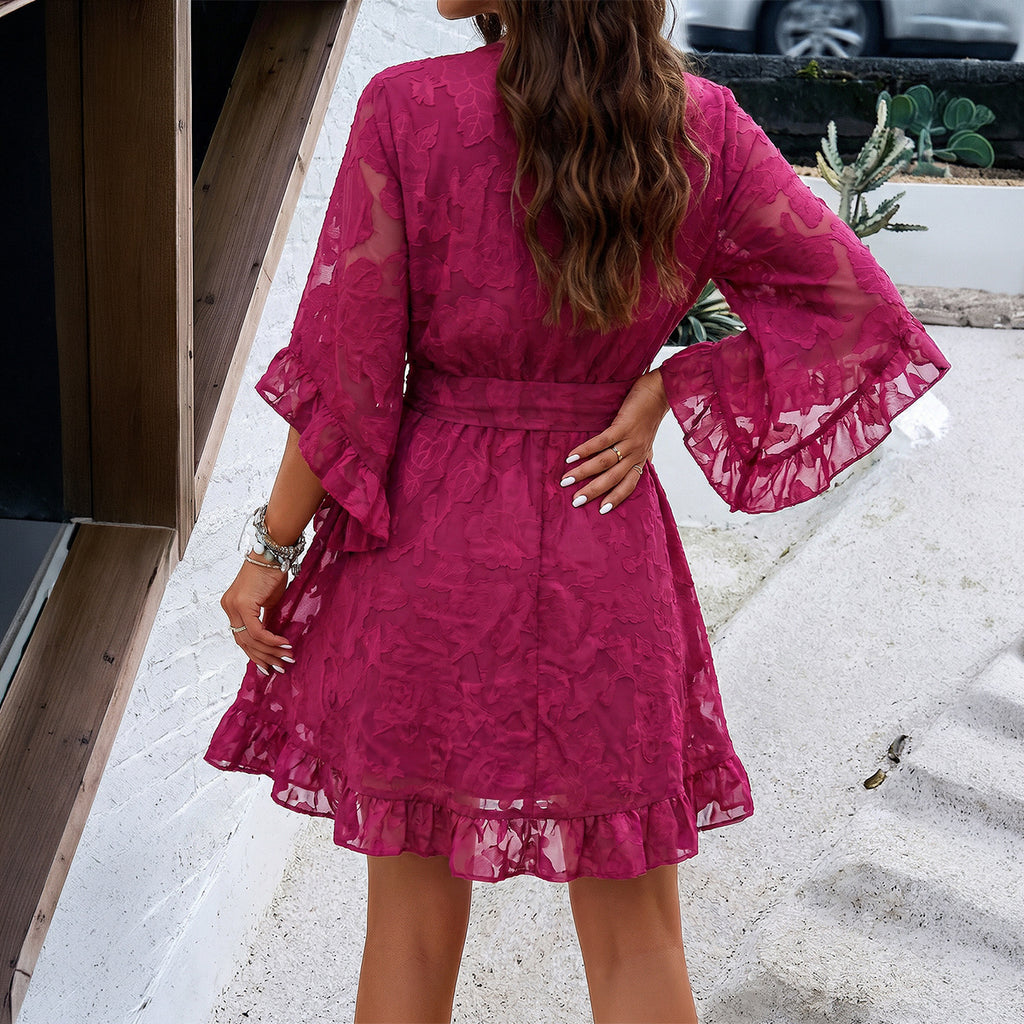 Vacation V-neck Lace-up Waist-cinching Ruffled Dress by Ricaloux