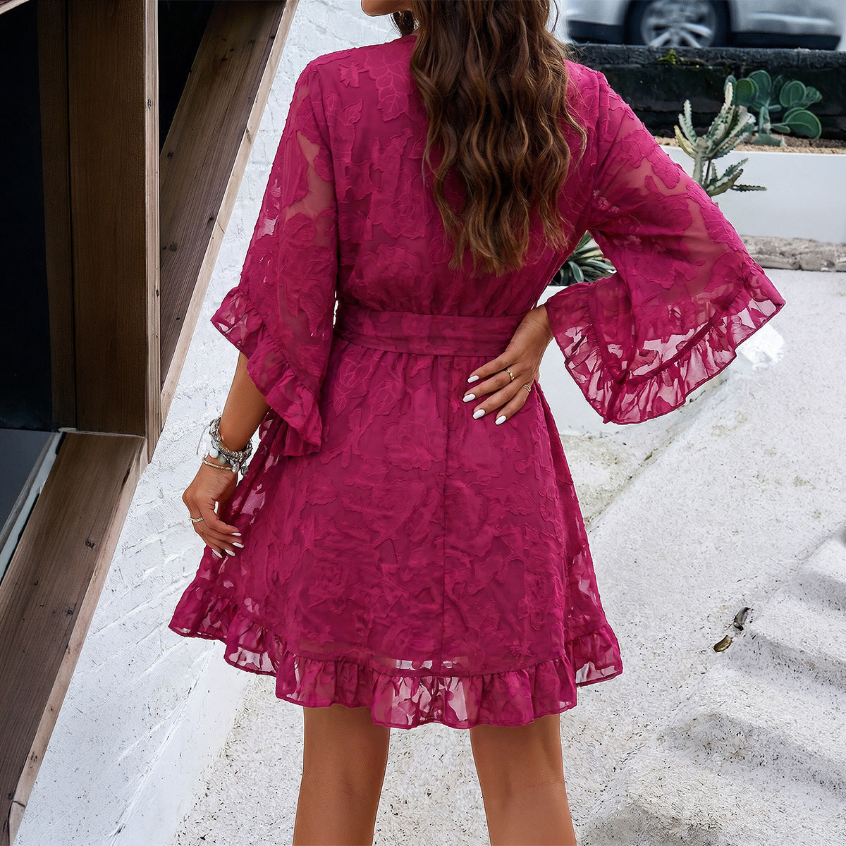 Vacation V-neck Lace-up Waist-cinching Ruffled Dress by Ricaloux