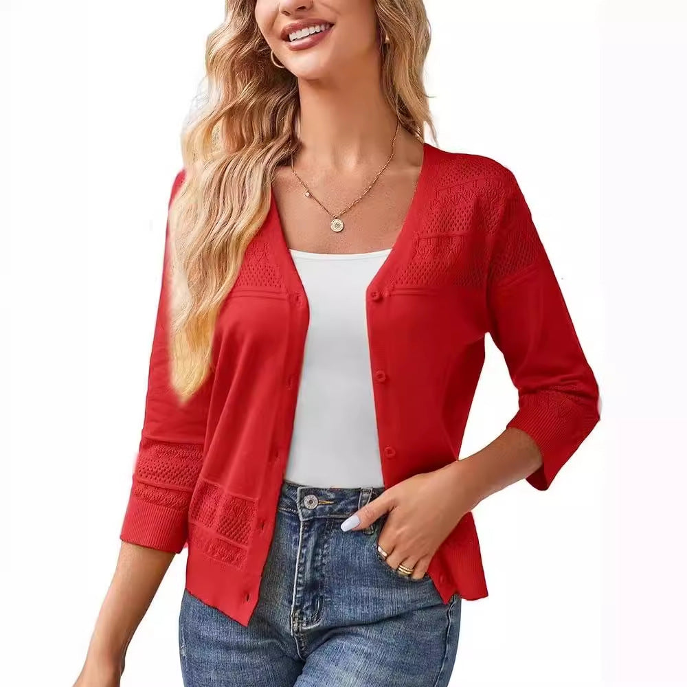 V-neck Cropped Outerwear Hollow-out Knit Cardigan by Ricaloux